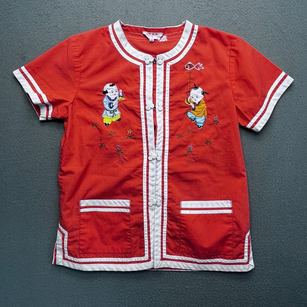 Vintage Plum Blossoms Red Embroidered Frog Button Top Short Sleeve Size 10